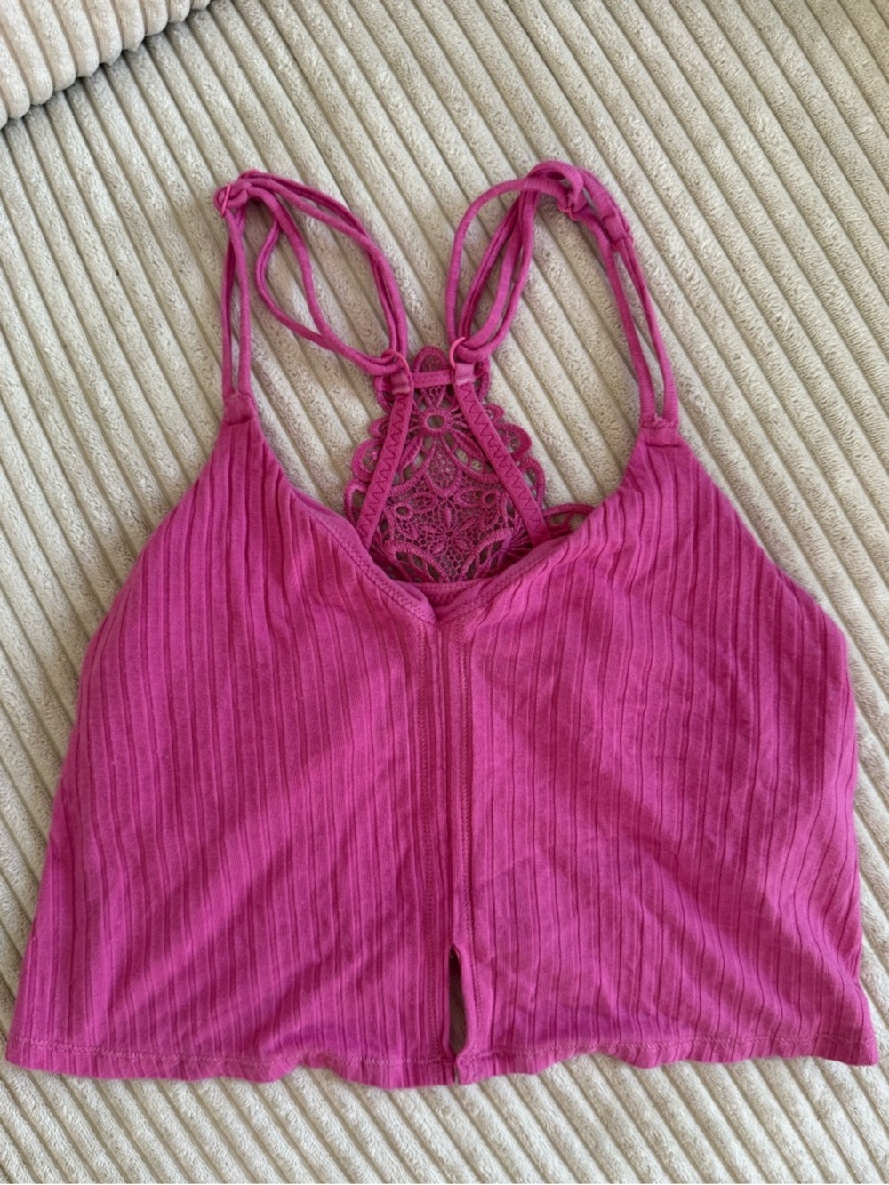 aerie Pink Ribbed Cami with Crochet Racerback